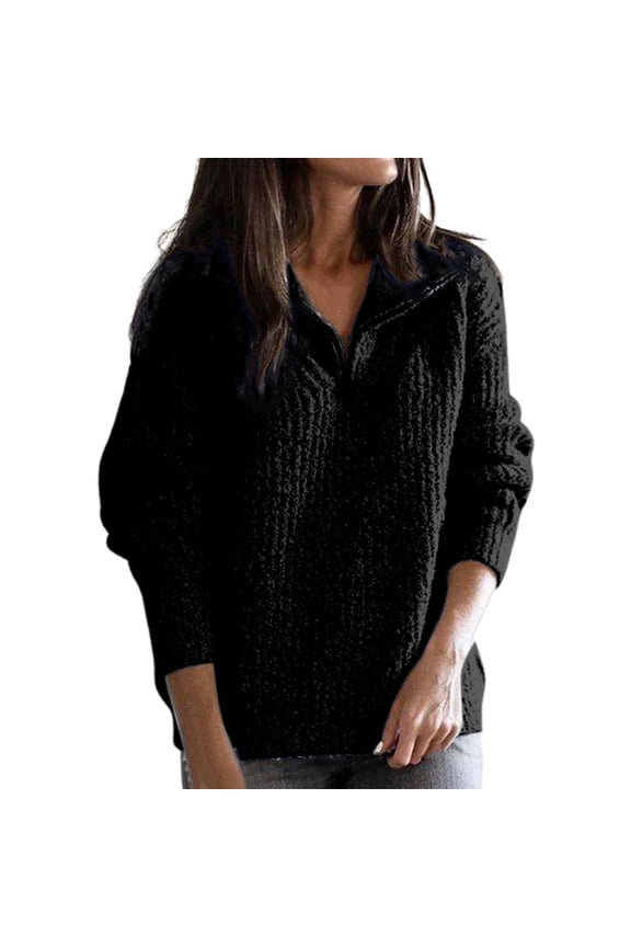 Women's Sweaters Quarter Zip Oversized Long Sleeve Lapel Collared V Neck Loose Fit Fashion Comfort Tops Black M