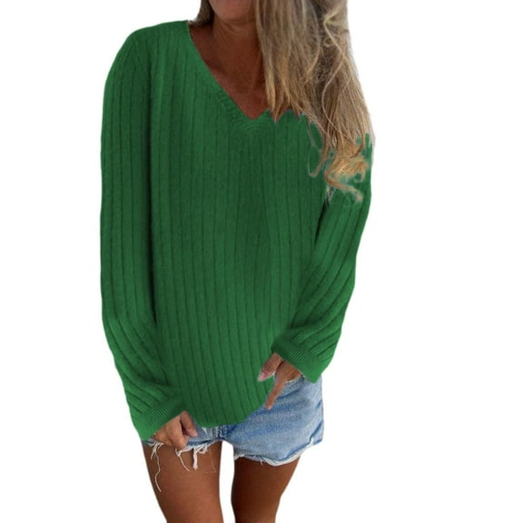 Fiaer Women's Sweaters V Neck Plus Size Long Sleeve Loose Fit Trendy Solid Casual Lightweight Stretchy Knit Tops Dark Green L