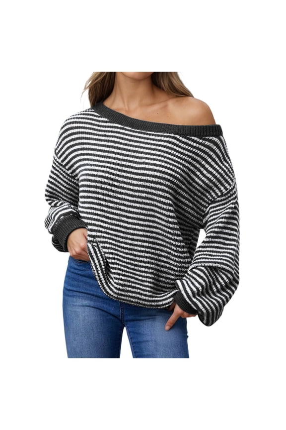 Women's Sweaters off Shoulder Crew Neck Plus Size Stripe Long Sleeve Loose Fit Fashion Comfort Tops Black S