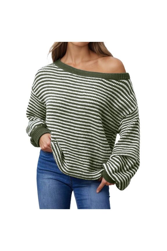 Women's Sweaters off Shoulder Crew Neck Plus Size Stripe Long Sleeve Loose Fit Fashion Comfort Tops Green S