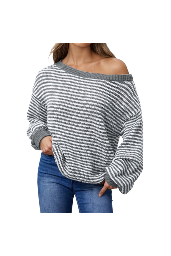 Women's Sweaters off Shoulder Crew Neck Plus Size Stripe Long Sleeve Loose Fit Fashion Comfort Tops Grey S