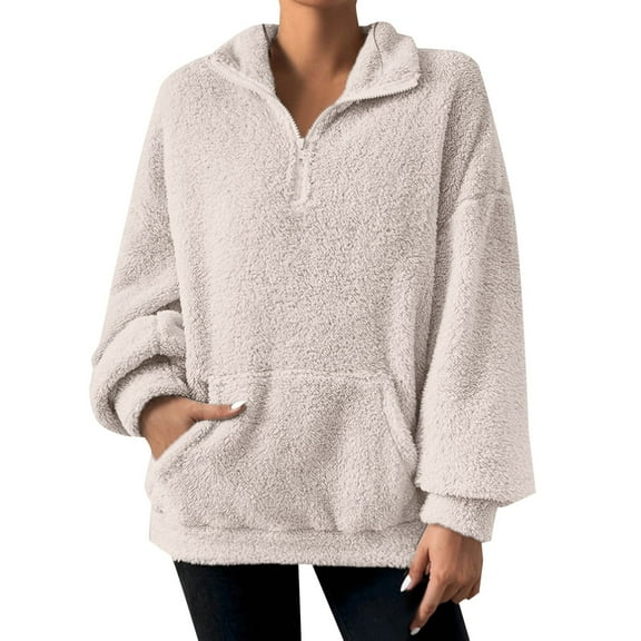 Fiaer,Women's Sweatshirt Fuzzy Quarter Zip Cozy Hooded Pullover Soft Plus Size Tops 2025 Fall Trendy Clothes Beige XL