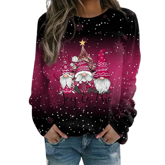 Fiaer Women's Sweatshirts Christmas Cute Graphic Crew Neck Long Sleeve Baggy Plus Size Pullover Comfort Breathable Lightweight Tops Pink XL