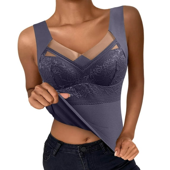 Fiaer Women's Tanks 2-in-1 Built-In Bra Thermal Warm Lace Solid Color Vest Stretch Comfort Oversized Cami Grey XXL