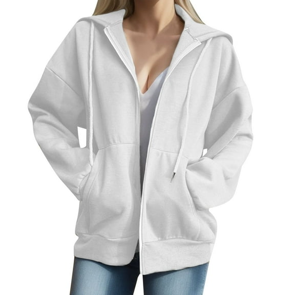 Fiaer,Women's Trendy Full Zip Hoodies,Loose Fit Plus Size Casual Long Sleeve Drawstring Solid Spliced Hooded Sweatshirts for Women,Lightweight Hooded Jacket with 2 Pockets White XL