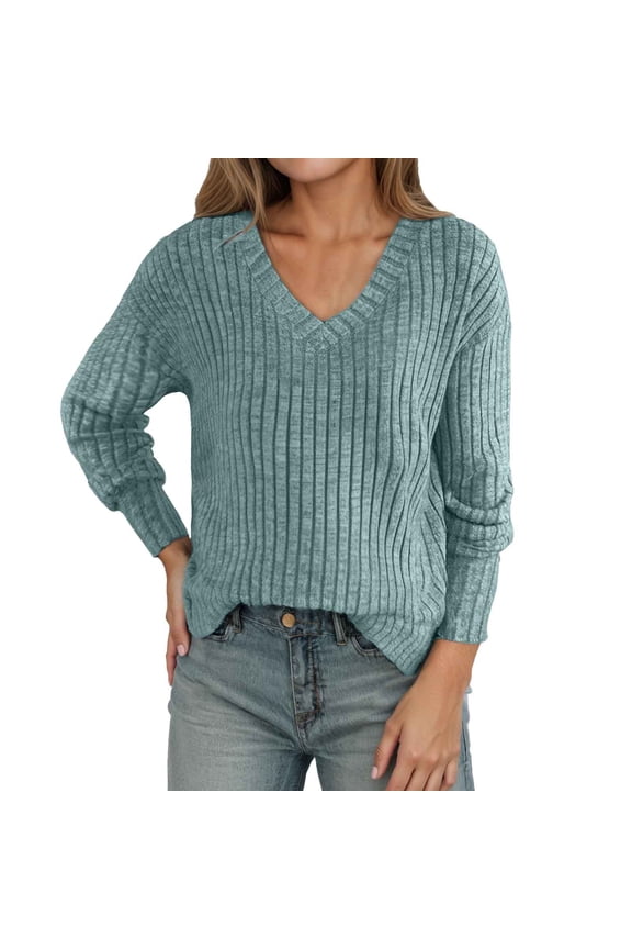 Women's V Neck Long Sleeve Sweaters Oversized Casual Fall Lightweight Fashion Loose Fit Trendy Solid Tops Green S
