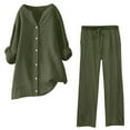 thumbnail image 1 of Fiaer,Women's V Neck Oversized Lounge Wear Sets,Loose Fit Casual Trendy Outfits Sets with Pockets,Women's Button down Shirts and Elastic Waisted Pants Green1 XL, 1 of 5
