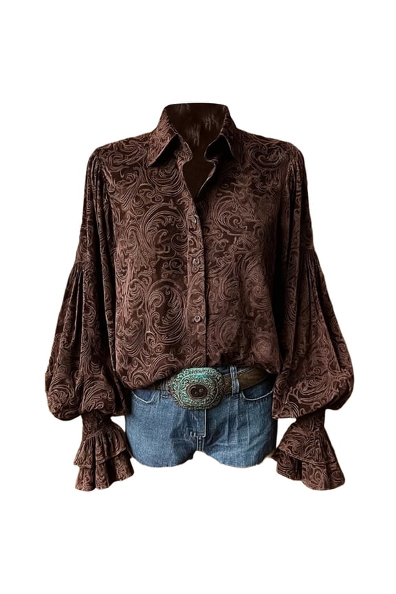 Women's Velvet Retro Floral Blouse Puff Sleeve Fall Winter Tops Loose Trendy Dressy Casual Elegant Shirts 04-Brown S