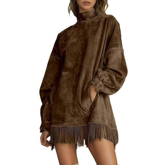Fiaer Women’s Velvet Tassel Mini Dress Mock Neck Suede Velvet Vintage Loose Pocket Fringe Long-Sleeve Dress Brown M