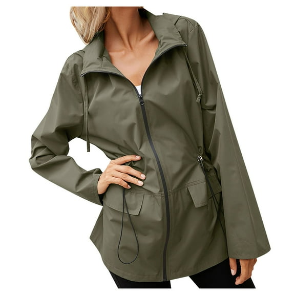 Fiaer,Women's Waterproof Rain Lightweight Full Zip Windbreaker Jacket Watertight Drawstring Long Sleeve Long Hooded Jackets for Outdoor Activity Army Green S