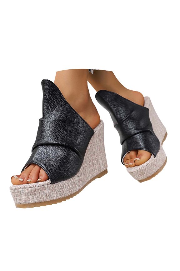 Women's Wedge Platform Slide on Sandals Open Toe Cork Faux Leather Dress Summer Slippers Shoes Black 8