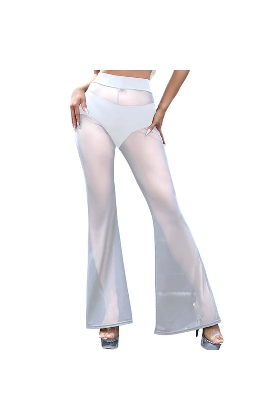 Women's Yoga Flared Pants Mesh See Through Stretch Bell Bottoms Trousers Elastic High Waisted Solid Color Slacks White M