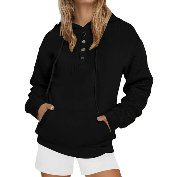 Fiaer,Womens 2025 Oversized Hoodies Button Collar Drawstring Hooded Pullover Casual Long Sleeve Hooded Sweatshirt Black XXL
