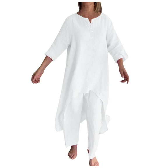 Fiaer,Womens 3/4 Sleeve Button up Lounge Wear Sets,2 Piece Set for Irregular Hem Long T Shirts and Straight Leg Pants,Women's Plus Size Loose Fit Casual Solid Outfits Set White XL