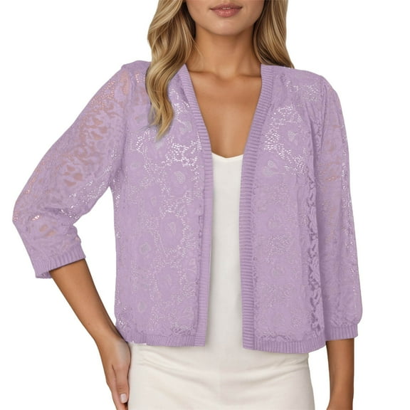 Fiaer,Womens 3/4 Sleeve Lace Cropped Cover Up,Plus Size Casual Trendy Hollow out Beach Cardigan for Women,Women's Solid Color Comfort Going out Tops Purple M