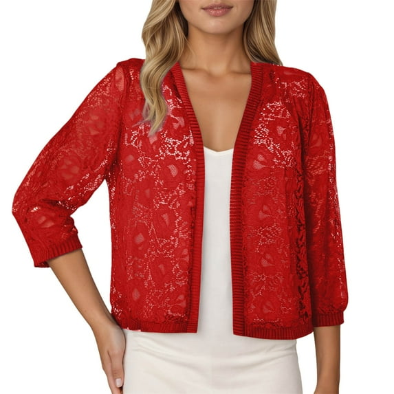 Fiaer,Womens 3/4 Sleeve Lace Cropped Cover Up,Plus Size Casual Trendy Hollow out Beach Cardigan for Women,Women's Solid Color Comfort Going out Tops Red XL