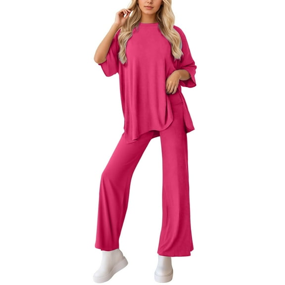 Fiaer,Womens 3/4 Sleeve Plus Size Solid Lounge Wear Sets,2 Piece Sets for Wide Leg High Waisted Pants and Crew Neck T Shirts,Women's Loose Fit Casual Trendy Lightweight Outfits Set Red XL