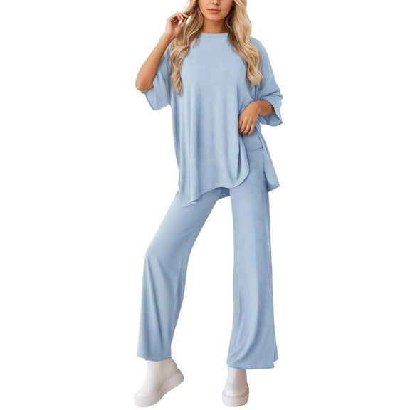 Fiaer,Womens 3/4 Sleeve Plus Size Solid Lounge Wear Sets,2 Piece Sets for Wide Leg High Waisted Pants and Crew Neck T Shirts,Women's Loose Fit Casual Trendy Lightweight Outfits Set Blue S
