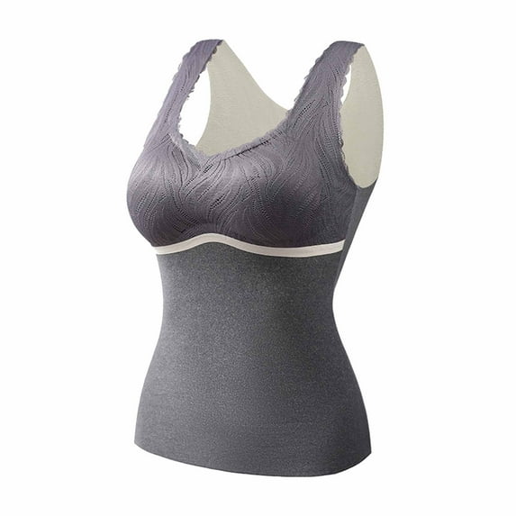 Fiaer Womens Built in Bra Tank Tops Oversized Thermal Underwear Stretch Comfy Elegant Lace Underwear Breathable Solid Color Cami Grey XXXL