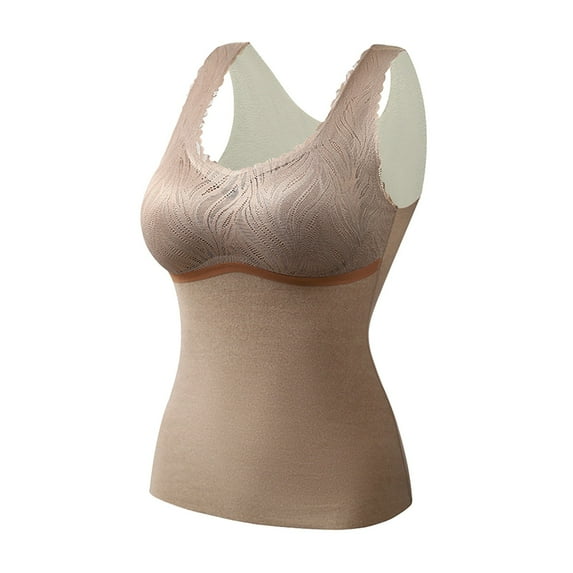 Fiaer Womens Built in Bra Tank Tops Oversized Thermal Underwear Stretch Comfy Elegant Lace Underwear Breathable Solid Color Cami Khaki XXXL