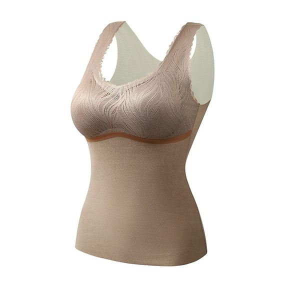 Fiaer Womens Built in Bra Tank Tops Oversized Thermal Underwear Stretch Comfy Elegant Lace Underwear Breathable Solid Color Cami Khaki XXXL