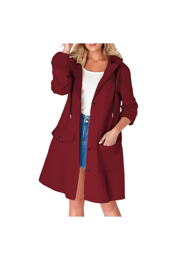 ,Womens Button down Oversized Lightweight Long Windbreaker Jackets,Women's Loose Fit Casual Trendy Waterproof Drawstring Outdoor Activity Hiking Tunic Tops with Pockets Red XL