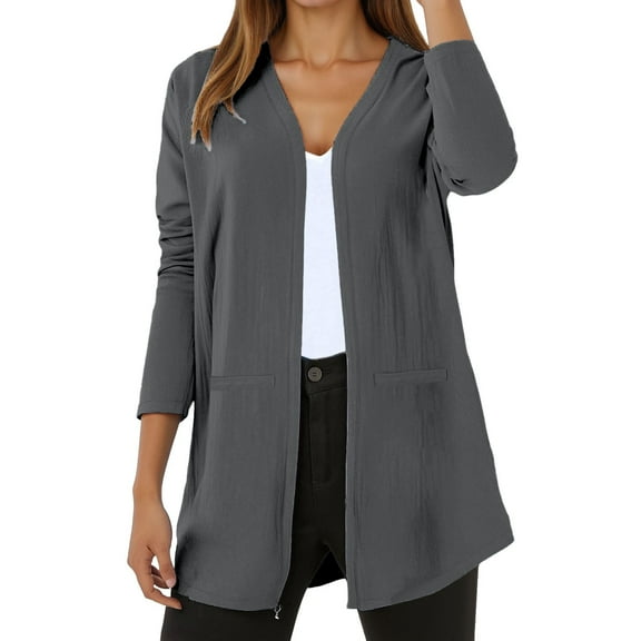 Fiaer Womens Cardigan Sweaters Long Sleeve Trendy Loose Casual Open Front Solid Color Comfort Breathable Tops Dark Gray L