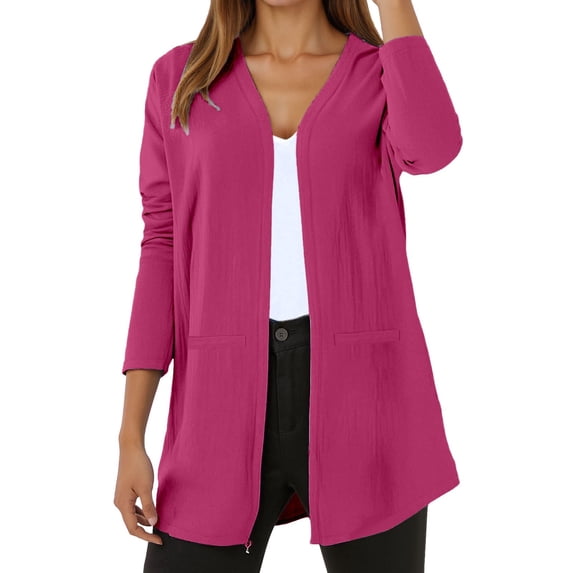 Fiaer Womens Cardigan Sweaters Long Sleeve Trendy Loose Casual Open Front Solid Color Comfort Breathable Tops Hot Pink L