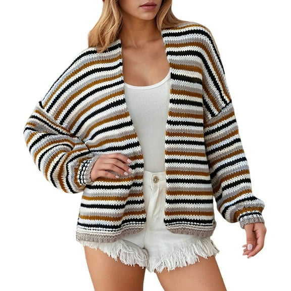 Fiaer Womens Cardigans Sweaters Long Sleeve Color Blocking Trendy Cozy Breathable Open Front Chunky Knit Tops Coffee S