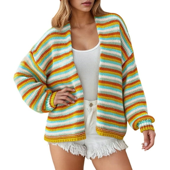 Fiaer Womens Cardigans Sweaters Long Sleeve Color Blocking Trendy Cozy Breathable Open Front Knit Tops Orange S