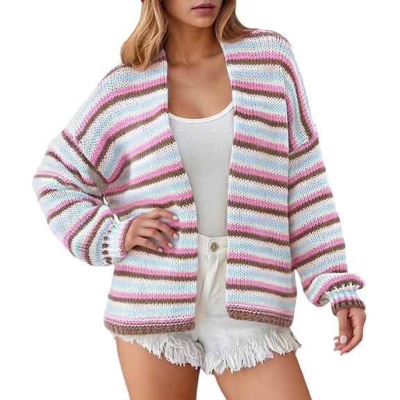 Fiaer Womens Cardigans Sweaters Long Sleeve Color Blocking Trendy Cozy Breathable Open Front Knit Tops Pink S