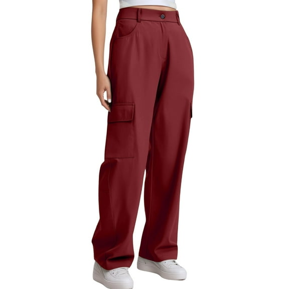 Fiaer,Womens Cargo Baggy Pants with Multiple Pockets,Women's Plus Size Casual Trendy Straight Legging Trousers,Ladies Hiking Running Joggers Red XL