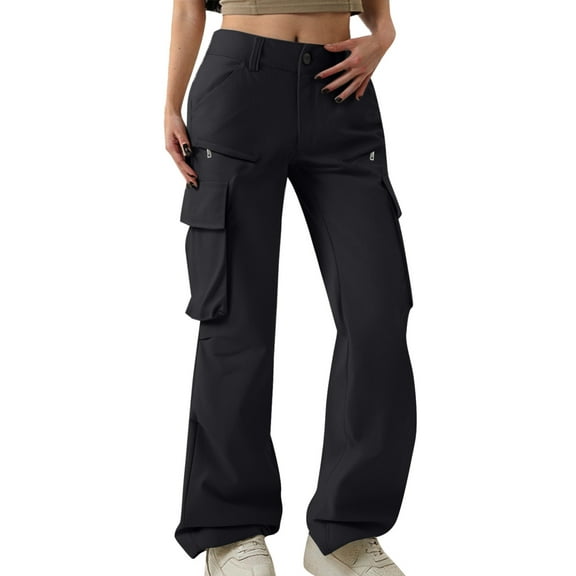 Fiaer,Womens Cargo Flare Pants,Women's Loose Fit Zipper Pocketed Buttons Joggers,Casual Elastic Waist Fashion Trouser for Women Black L