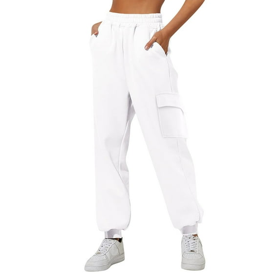 Fiaer Womens Cargo Sweatpants Elastic Waist Side Pockets Sport Pants Casual Oversized Solid Workout Trousers White XL