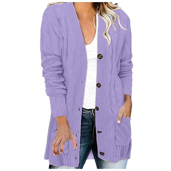 Fiaer Womens Casual Long Knit Cardigan Sweaters Loose Button Down V-Neck Long Sleeve Trendy Tops With 2 Pockets Purple M