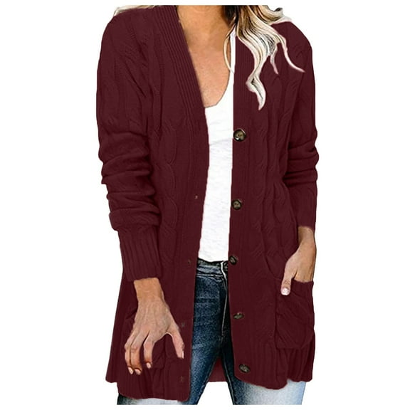 Fiaer Womens Casual Long Knit Cardigan Sweaters Loose Button Down V-Neck Long Sleeve Trendy Tops With 2 Pockets Wine S