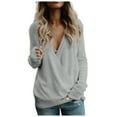 thumbnail image 1 of Fiaer Womens Casual Long Sleeve Wrap Fall Sweaters V Neck Solid Color Plus Size Pullover Loose Fit Tops Grey S, 1 of 5