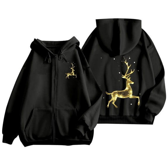 Fiaer Womens Christmas Hoodies Deer Graphic Full Zip up Long Sleeve Hooded Sweatshirts Oversized Drawstring Pocket Tops Black S