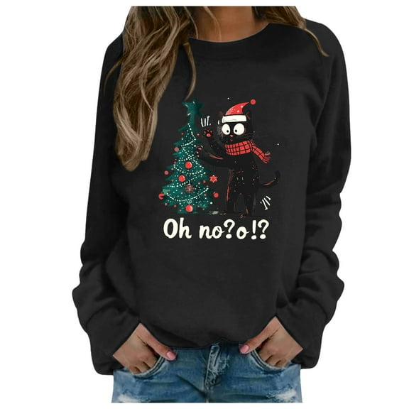 Fiaer Womens Christmas Sweatshirts Funny Fall Fashion Merry Xmas Crewneck Loose Soft Long Sleeve Plus Size Tops Black S