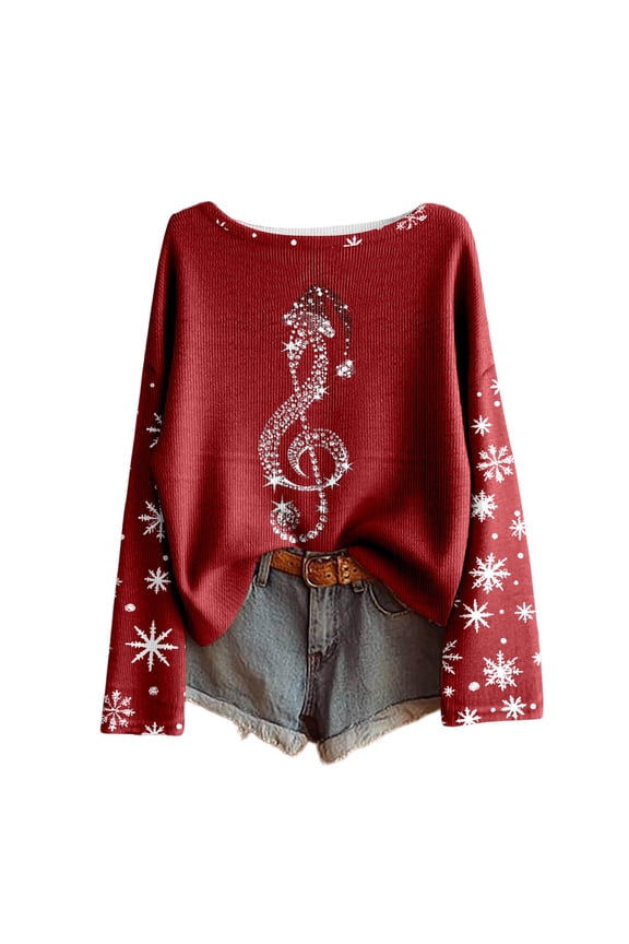 Womens Christmas T Shirts Oversized Crew Neck Retro Tshirts Long Sleeve Snowflakes Musical Notes Santa Hat Graphic Loose Fit Tops Red XL