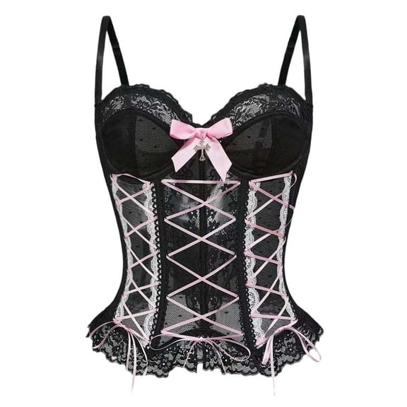 Fiaer Womens Corset Adjustable Spaghetti Straps Lace Boned Underbust Cincher Bow Decor Lace up Tummy Shaping Crop Top Pink S