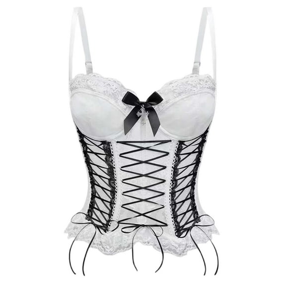 Fiaer Womens Corset Adjustable Spaghetti Straps Lace Boned Underbust Cincher Bow Decor Lace up Tummy Shaping Crop Top WH1 S