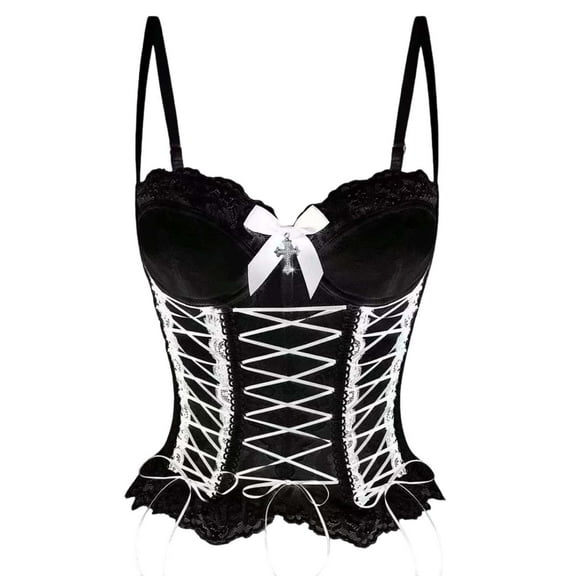 Fiaer Womens Corset Adjustable Spaghetti Straps Lace Boned Underbust Cincher Bow Decor Lace up Tummy Shaping Crop Top WH2 S