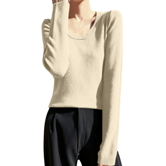 Fiaer Womens Crew Neck Sweaters Long Sleeve Lightweight Solid Color Plus Size Trendy Loose Fit Knit Tops Beige L