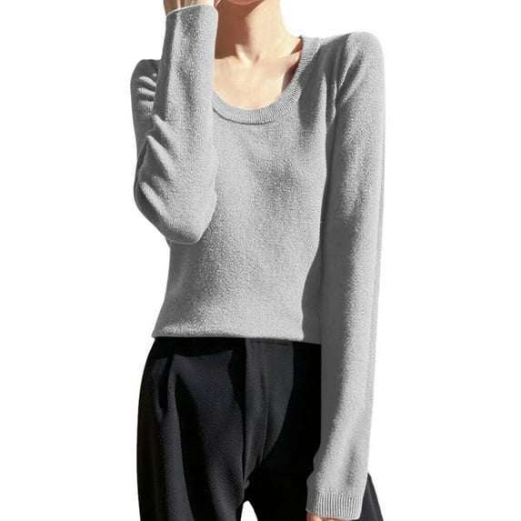 Fiaer Womens Crew Neck Sweaters Long Sleeve Lightweight Solid Color Plus Size Trendy Loose Fit Knit Tops Grey S