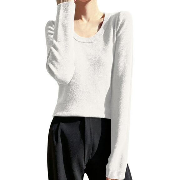 Fiaer Womens Crew Neck Sweaters Long Sleeve Lightweight Solid Color Plus Size Trendy Loose Fit Knit Tops White S