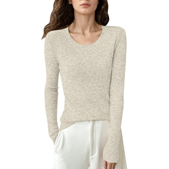 Fiaer Fall Sweaters for Women Plus Size Crew Neck Long Sleeve Lightweight Slim Fit Solid Knit Tops Khaki XXL