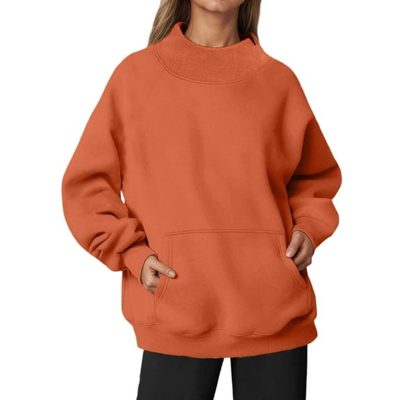 Fiaer Womens Crew Neck Sweatshirts Long Sleeve Pullover Oversized Loose Fit Comfort Solid Basic Tops with Pocket Orange M