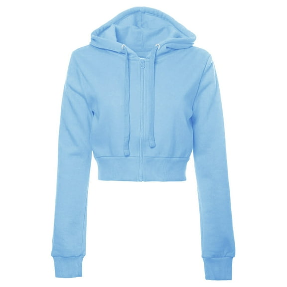 Fiaer Womens Crop Hoodies Full Zip Long Sleeve Drawstring Hooded Sweatshirts Solid Color Basic Casual Trendy Tops Light Blue XXL