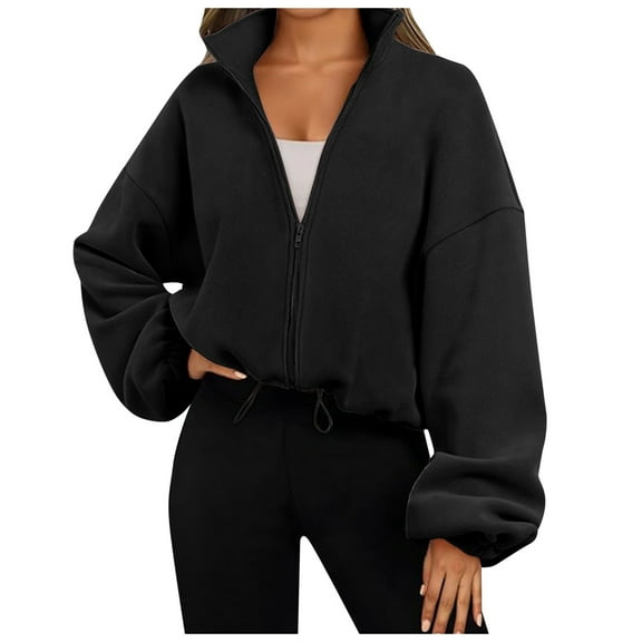 Fiaer,Womens Cropped Full Zip Adjustable Hem Sweatshirts,Women's Plus Size Long Sleeve Casual Lapel Collared V Neck Solid Tops Black XL